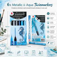 Lot de 6 marqueurs métalliques double pointe avec pinceau aquarelle et stylos fins, ensemble bleu océan pour la calligraphie et le journaling