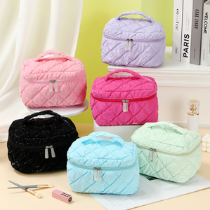 定制刺绣标志绗缝棉3 pc化妆包套装大容量拉链便携收纳袋旅行泡芙美容包 - Product Image 3