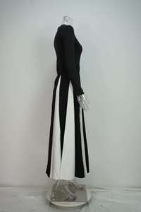 Op maat gemaakte zwart-witte patchwork lange jurken damesmode O-hals lange mouwen slanke bescheiden jurk dames elegant - Product Image 5