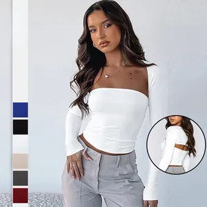 DAMOCHIC New Sexy Bandeau Top and Long-Sleeve Cover-Up Two Piece T Shirts Basic Seamless Solid Color Womens Tight Y2K Tops Shirt