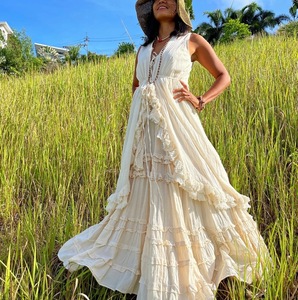 <span class=keywords><strong>Abito</strong></span> Boho per Servizio Fotografico, Vestito Lungo in Cotone <span class=keywords><strong>Bianco</strong></span> <span class=keywords><strong>Sexy</strong></span> con Schiena Scoperta e Allacciatura al Collo per Vacanze - Product Image 2