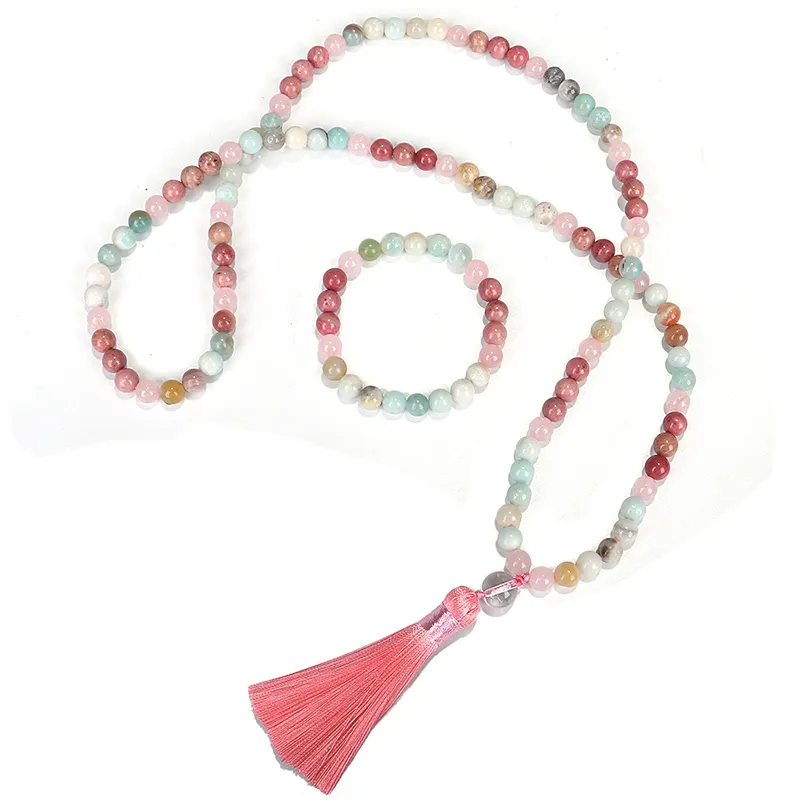Natural 8ミリメートルRhodochrositeとAmazonite Beads Necklace Peaceful Heart 108 Bead Mala Jewelry、Buddha Prayer Bracelet Women