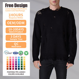 Streetwear Knitwear Manufacturers OEM/ODM Winter Long Sleeve Casual Men Distressed Ripped Crew Neck Knit Sweater - Product Image 2