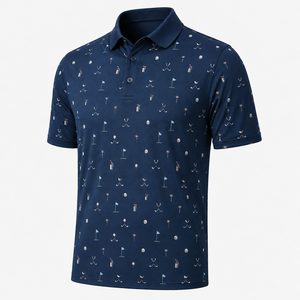 Custom Printed Golf Polo Shirts Men <b>Navy</b> Abstract Line Pattern Short Sleeve Private Label OEM ODM Manufacturer - Product Image 5