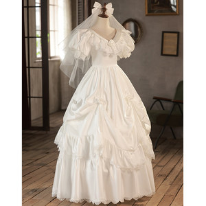 Robe de mariée florale légère, style antique français rétro, en <span class=keywords><strong>satin</strong></span>, coupe princesse, longueur ras du sol, manches bouffantes, col en V - Product Image 3