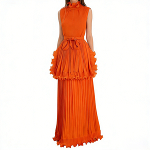 Robe Midi Décontractée Élégante d'Été pour <span class=keywords><strong>Femme</strong></span>, Sans Manches, Taille Empire, Volants, Dentelle, <span class=keywords><strong>Tunique</strong></span> Plissée en Mousseline Solide Naturelle pour le Quotidien - Product Image 3