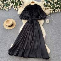 Robe d'été pour femmes à manches bouffantes, style Europe et Amérique, avec appliques, ceinture et volants, idéale pour les vacances et les soirées à la plage