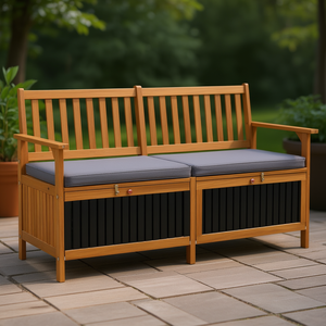 Banc de rangement en bois d'acacia massif avec coussin gris, banc de patio extérieur 4 places, design traditionnel - Product Image 2