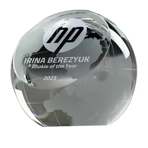 slant Clear Cut Round Etched Crystal Glass World Globe Paperweight With Custom Logo Print