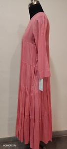 Robe longue rose à col en V, à volants, manches trois quarts, coupe ample, décontractée, tissée, couleur unie, toutes saisons, en coton respirant - Product Image 2