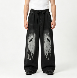 Vintage Washed Wide Leg Pants Kornit DTG Crow Cemetery Tomb Print Elastic Drawstring Streetwear Trousers - Product Image 2