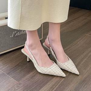 Zapatos de Tacón Alto para Mujer, Diseño Veraniego, Punta Puntiaguda, Boca Poco Profunda, Tacón Medio Delgado, <span class=keywords><strong>Sandalias</strong></span> con Estampado a Cuadros, Deslizables, Impermeables - Product Image 2