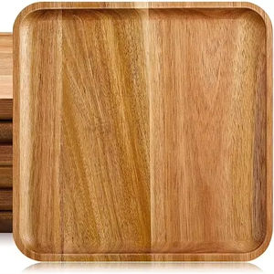 Ensemble de 3 assiettes en bois d'acacia, 9-6 pouces, plateaux de service en bois d'acacia, assiettes de cuisine rustiques, <span class=keywords><strong>vaisselle</strong></span> en bois réutilisable - Product Image 1