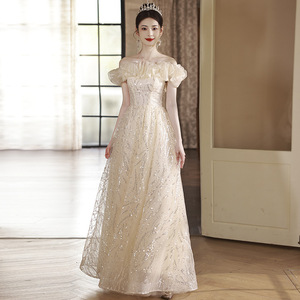 Off-Shoulder Champagne Organza Evening Gown A-Line Empire Waist Ruffles Graduation Banquet Dress Women's - Product Image 1