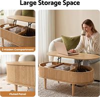 Table basse ovale avec plateau relevable, rangement dissimulé, finition naturelle cannelée, design 2-en-1 avec bords arrondis sécurisés, compatible avec les robots aspirateurs
