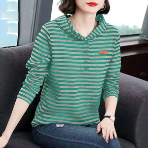 Women's Striped Long Sleeve T-Shirt Stand Collar Loose Fit Autumn Base Layer Hooded Design Inner Wear Plus Size - Product Image 3
