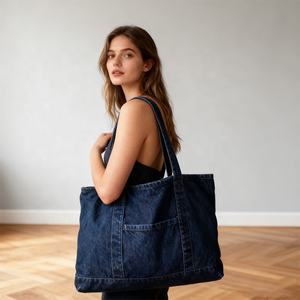 شعار مخصص محفظة قماش الدنيم خفيفة الوزن لينة الدنيم حقيبة يد جينز للمتسوقين حقائب الكتف صديقة للبيئة معاد تدويرها الدنيم حقيبة حمل - Product Image 5