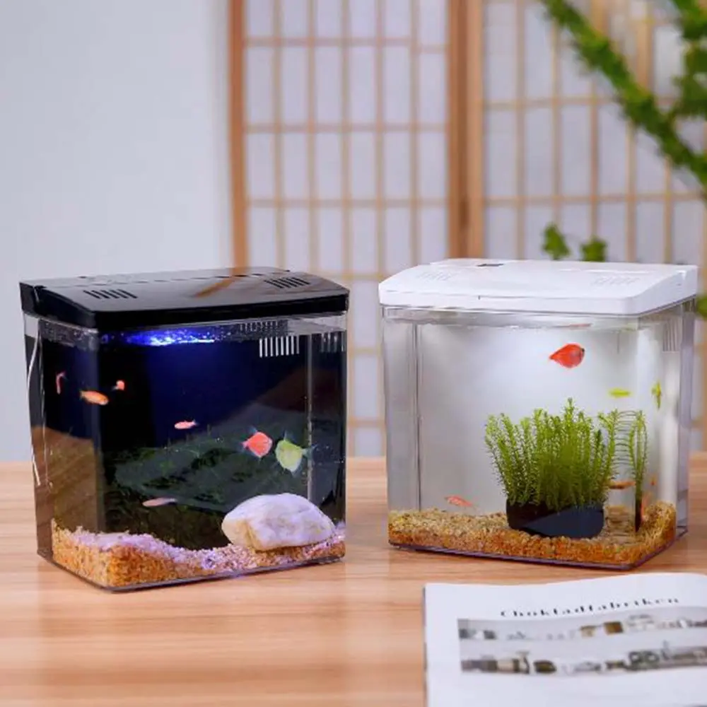 Amazon hot sale glass small table usb charging mini aquarium led light fish tank
