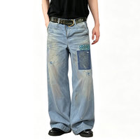 Pantalon de travail vintage personnalisé pour homme, teint indigo, effet vieilli, coupe large, streetwear, en jean imprimé