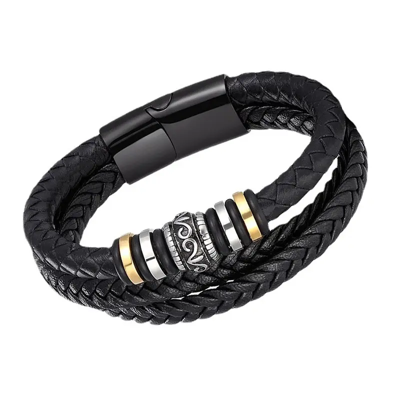 Fashion stainless steel bracelet men's multi-layer braided leather rope titanium steel magnetic buckle bracelet wholesale