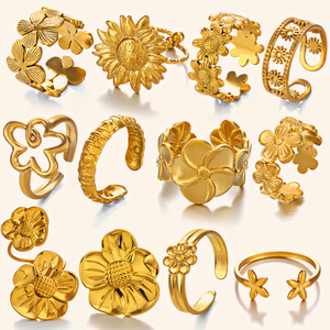 Ingrosso nuovo 2025 più recente anello in oro <span class=keywords><strong>18K</strong></span> placcato oro in acciaio inox fiore margherita anello aperto da dito donna anello di moda - Product Image 5