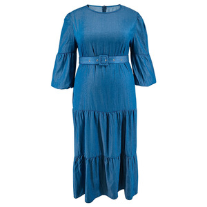 Y21837 Robes en jean grande taille les plus vendues pour femmes, décontractées, à demi-manches, col rond, plissées, avec ceinture - Product Image 5