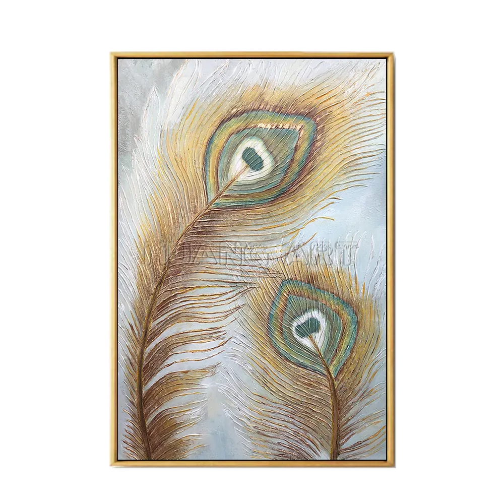 Lukisan minyak tekstur bulu dilukis tangan di atas kanvas lukisan bulu merak abstrak Modern untuk dekorasi ruang tamu gambar emas