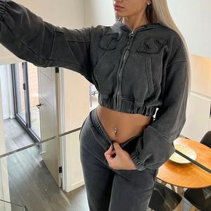 2024 ropa de calle de gran tamaño 100% algodón francés Terry desgastado bordado parche chándal Vintage lavado ácido conjunto de Sudadera con capucha para mujer - Product Image 5