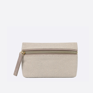 Modern Two-Tone Polyester Textured Fabric Cosmetic Pouch with Gold-Tone Zipper and PU <b>Puller</b> for Daily Makeup Storage - Product Image 1
