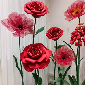 S270 gigante di seta installazione Organza fiore EVA gigante rosa rossa colore gigante carta rosa fiore con stelo e Base - Product Image 6