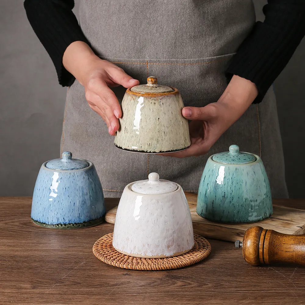 Aksesori Dapur Bulat Glasir Reaktif Wadah Makanan Keramik Stoples Bumbu Gula & Creamer Pot dengan Tutup