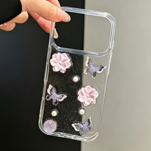 Funda de teléfono móvil con diseño de mariposa y flor de perlas de resina transparente 3D para iPhone 18 Pro Max, 17 Air, 16 Plus, 15, cubierta protectora transparente. - Product Image 3