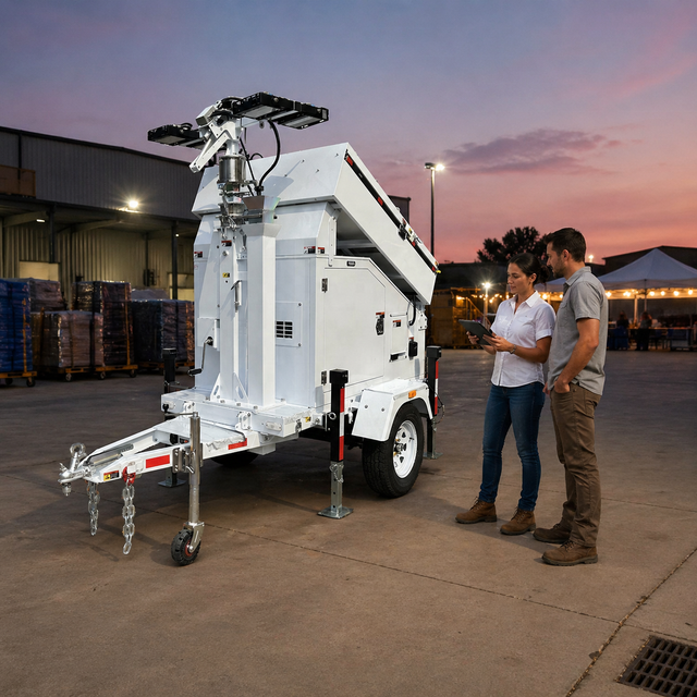 Mobile Solar Light Tower Trailer Rental Ready Off Grid Silent Easy Transport LED Lighting System