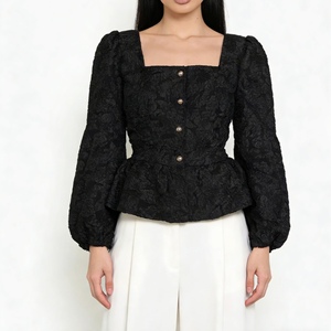Blusa de Mujer con Cuello Cuadrado y Mangas Abullonadas de Jacquard - Camisa Casual con Botones al Frente - Product Image 2
