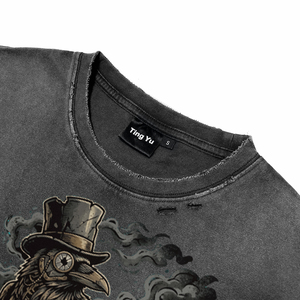 Camiseta de algodón transpirable de manga corta oversize para hombre con lavado vintage y efecto desgastado, con estampado de sombrero de copa punk, reloj de bolsillo, detective y cuervo - Product Image 3