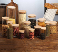 Pot en verre transparent en borosilicate de forme cylindrique avec logo personnalisé, couvercle et cuillère en bois pour épices, bonbons, sel, emballage de stockage hermétique