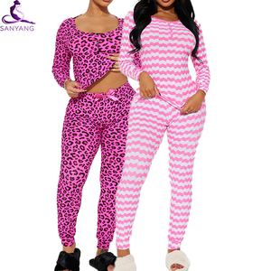 Summer Women's Comfortable Home Set Round Neck Long Sleeved Tight Fitting Three Button Pants Pajamas