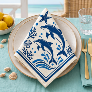 Serviette de table en coton imprimé de qualité supérieure avec motif dauphin et océan – Serviette de table sur le thème de la vie marine côtière avec étoiles de mer, coquillages et vagues - Product Image 3