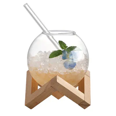 Taza de bebida de paja de jugo de bola de Luna transparente de tres piezas reutilizable con marco de madera