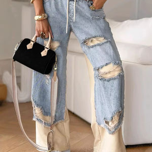 Pantalons décontractés pour femmes Pantalons longs d'été à taille élastique et à cordon de serrage ajustable Pantalons d'épissage en denim avec poches - Product Image 1