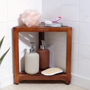 Teak Triangular Bathroom <b>Storage</b> Stool Double Layer Corner Shelf For Shower And <b>Bath</b> Use Amber Color - Product Image 1
