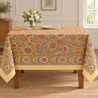 Nappe rectangulaire 100 % coton imprimée au bloc, motif floral botanique jaune, pour table à manger