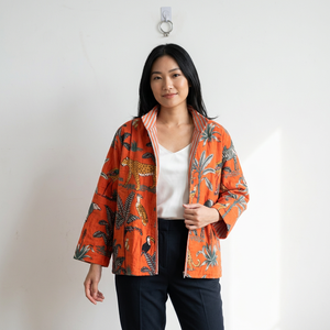 Chaqueta de terciopelo ligera y transpirable con estampado animal de naranja quemado Savanna Dusk, de lujo, con estampado a bloques, para verano. - Product Image 1