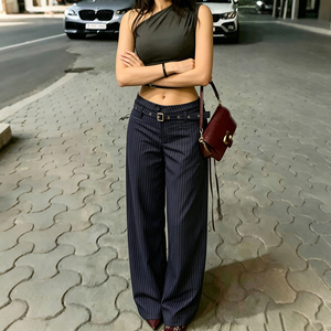Pantalon droit ample à rayures verticales avec ceinture, style vintage américain haut de gamme, polyvalent pour le bureau et les occasions décontractées - Product Image 4