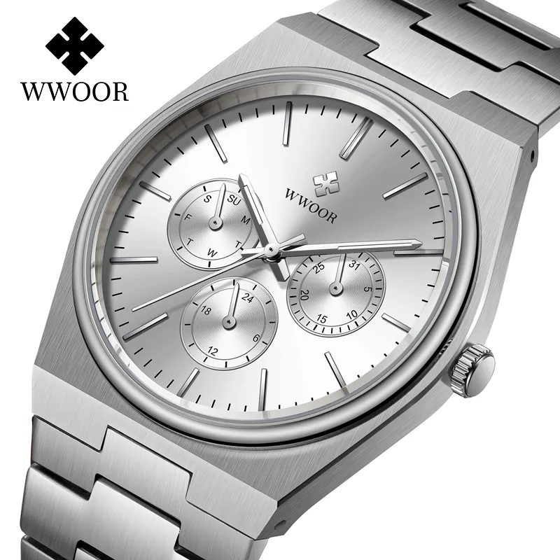 High Quality Luminous WWOOR S901-2 Wristwatch Luxury Stainless Steel Quartz Watch Three Small Needle Dial Display Watch For Men