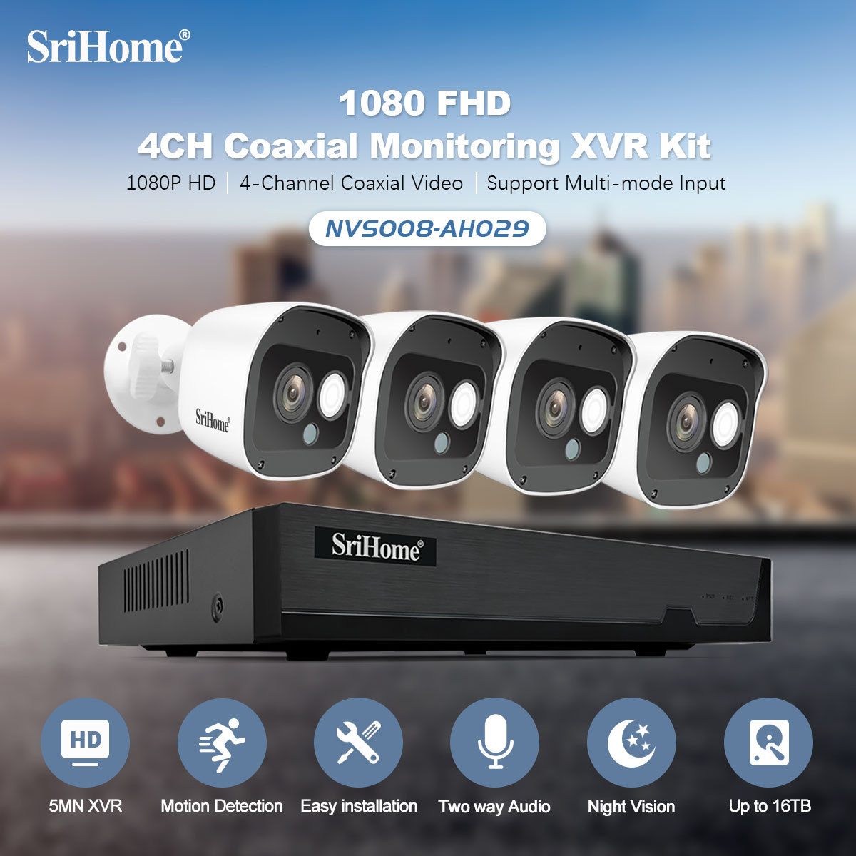 SriHome Hot Sale NVS008 4CH <strong>XVR</strong>/<strong>DVR</strong>+ 4*AHD029 Cheap and High Quality <strong>CCTV</strong> Camera System With Two Way Audio and <strong>Night</strong> Vision