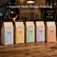 Sacs à café personnalisés biodégradables de qualité alimentaire à fond plat, en kraft noir mat, avec valve et fermeture à lien métallique, impression numérique et héliogravure, petit format