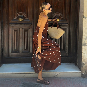 Vestido Maxi Minimalista con Estampado de Puntos, Contraste de Color, Espalda Descubierta, Tirantes Finos, Corte Regular, Ecológico, Cintura Natural para Mujer - Product Image 3