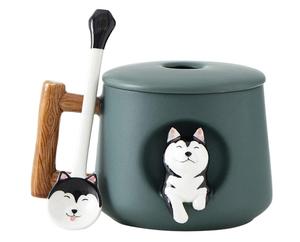 Ceramic Coffee Mug With Lid and Matching Spoon,Novelty 3D <strong>Husky</strong> Pattern Mug for Tea Milk Chocolate Juice,Cute <strong>Cup</strong> for Dog Lovers - Product Image 1