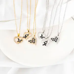 Women's Mini Small Dainty Steel Pendant Necklace with Heart and Butterfly Charm Crystal Diamond Leaf Shape Pattern Jewelry Set